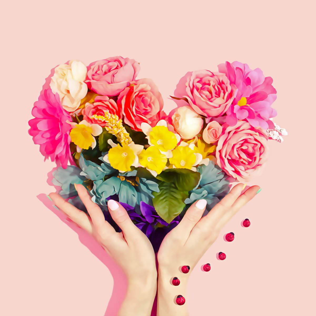 Rakkausruno kukat ja kädet muodostavat sydämen
